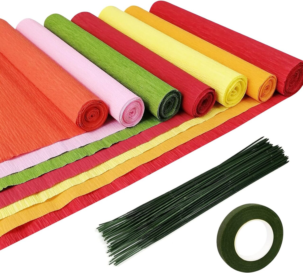 Crepe Paper Flower DIY Kits, 7 Rolls Rainbow Bright Colors Crepe Paper Rolls Green Floral Tape and 50 Green Floral Iron Wire for Wedding Festival Party Wreath Making Supplies DIY Flower Crafts